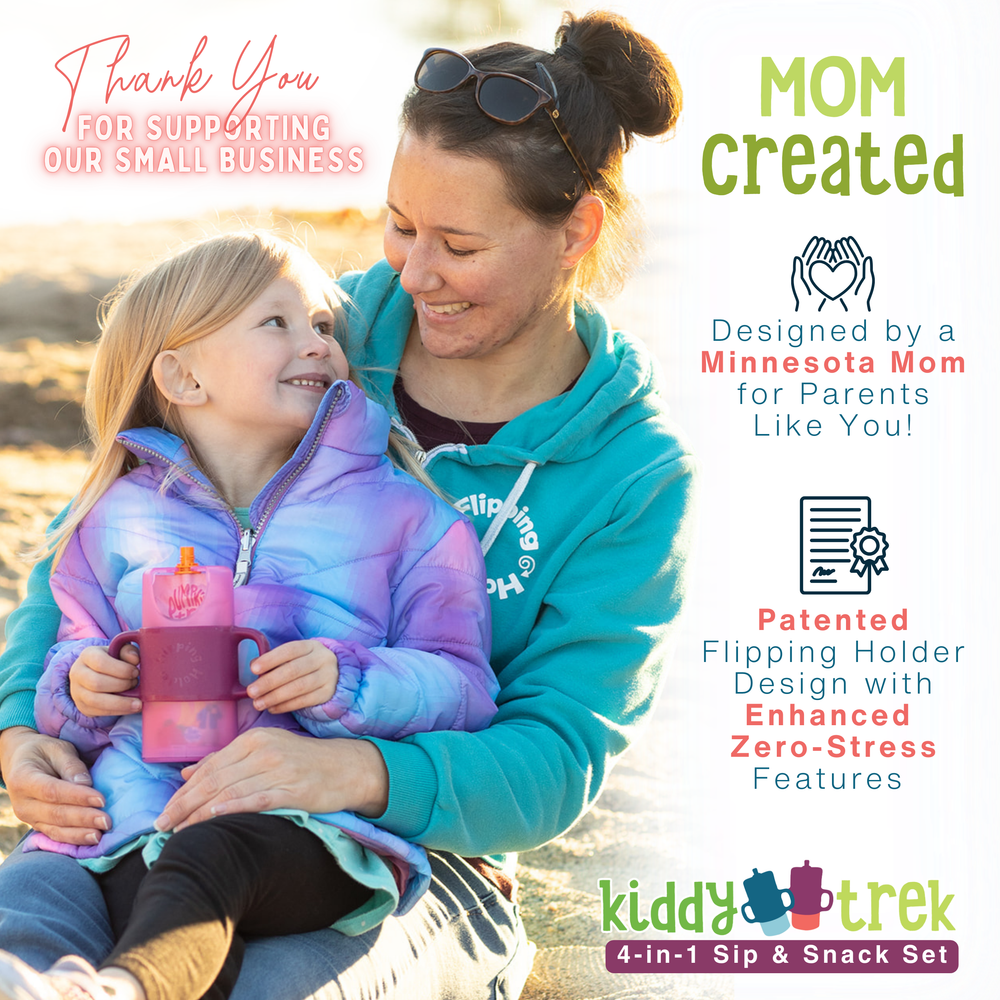 KiddyTrek 4-in-1 Sip & Snack Set - Food Pouch & Juice Box Holder, Snack Cup, Sip Cup ALL IN ONE