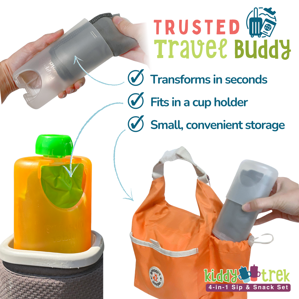 KiddyTrek 4-in-1 Sip & Snack Set - Food Pouch & Juice Box Holder, Snack Cup, Sip Cup ALL IN ONE