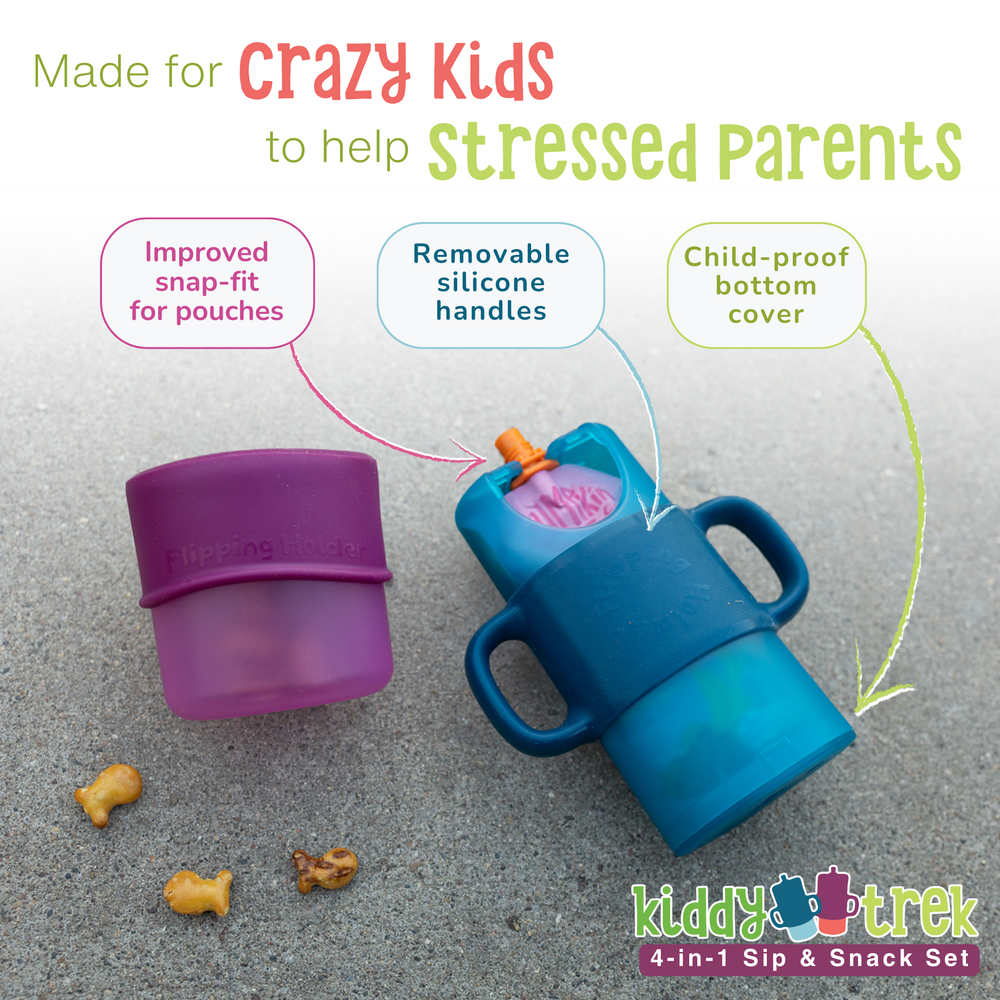 KiddyTrek 4-in-1 Sip & Snack Set - Food Pouch & Juice Box Holder, Snack Cup, Sip Cup ALL IN ONE