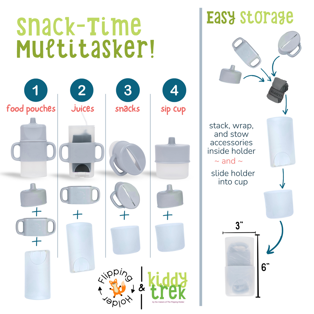 KiddyTrek 4-in-1 Sip & Snack Set - Food Pouch & Juice Box Holder, Snack Cup, Sip Cup ALL IN ONE