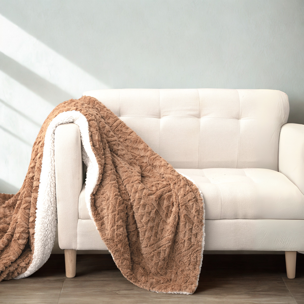 Tache Caramel Brown Faux Fur Throw Blanket Chevron Geometric Embossed (#10)